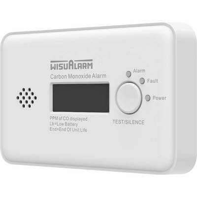 Vit WisuAlarm koloxidlarm med digital display, högtalaröppningar, test-/tystningsknapp och varnings-, fel- och strömindikatorlampor.
