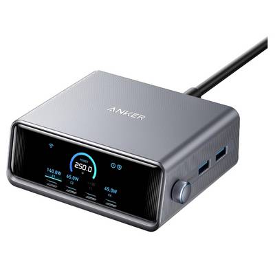 Anker skrivbordsladdningscentral med digital display som visar 250W total strömutgång och flera USB-portar, ansluten via en kabel.