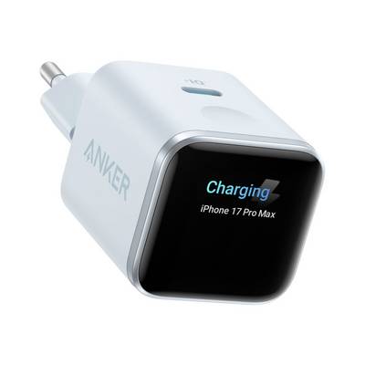 Vit Anker USB-C väggadapter med display som visar "Laddar" för iPhone 17 Pro Max.