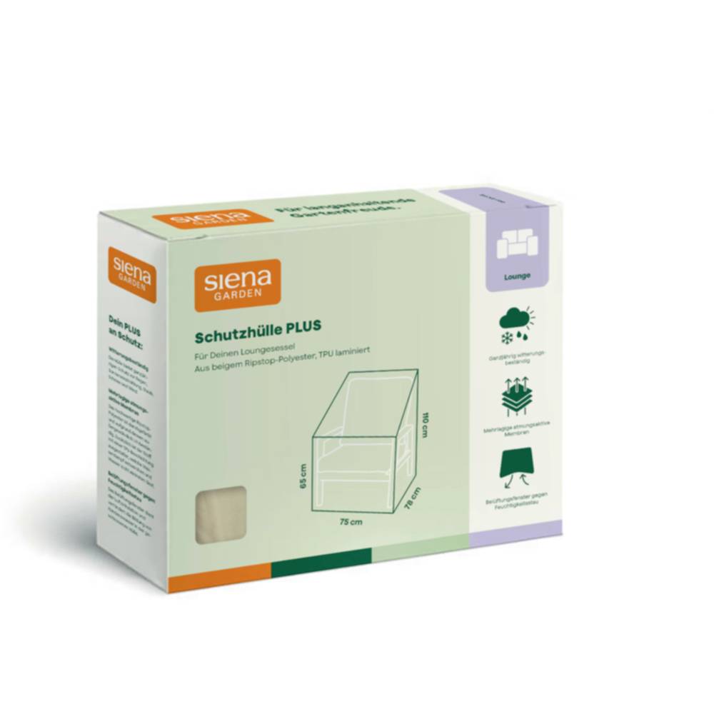 Box of Siena Garden 'Schutzhülle PLUS' skyddskåpa för loungmöbler, med produktdiagram och skötselikoner på förpackningen.