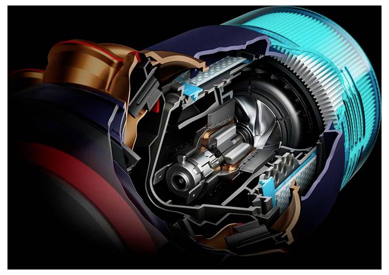 Genomskärningsdiagram av en cylindrisk elektrisk motor som visar intern rotor, stator, kopparlingningar och kylkanaler inuti ett blått hölje.