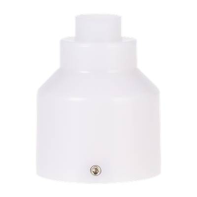 Vit cylindrisk plastbehållare med en liten metallskruv längst ner mot en svart bakgrund.