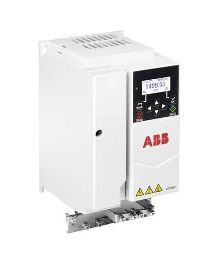 Vit ABB AC-drivenhet/växelriktare med liten display, knappsats och varningsetiketter, visad på vit bakgrund.