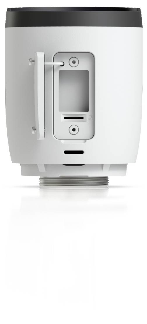 Frontvy av en vit cylindrisk elektronisk enhet med en central grå kontrollpanel, handtag på vänster sida och ventilationsöppningar nära botten.