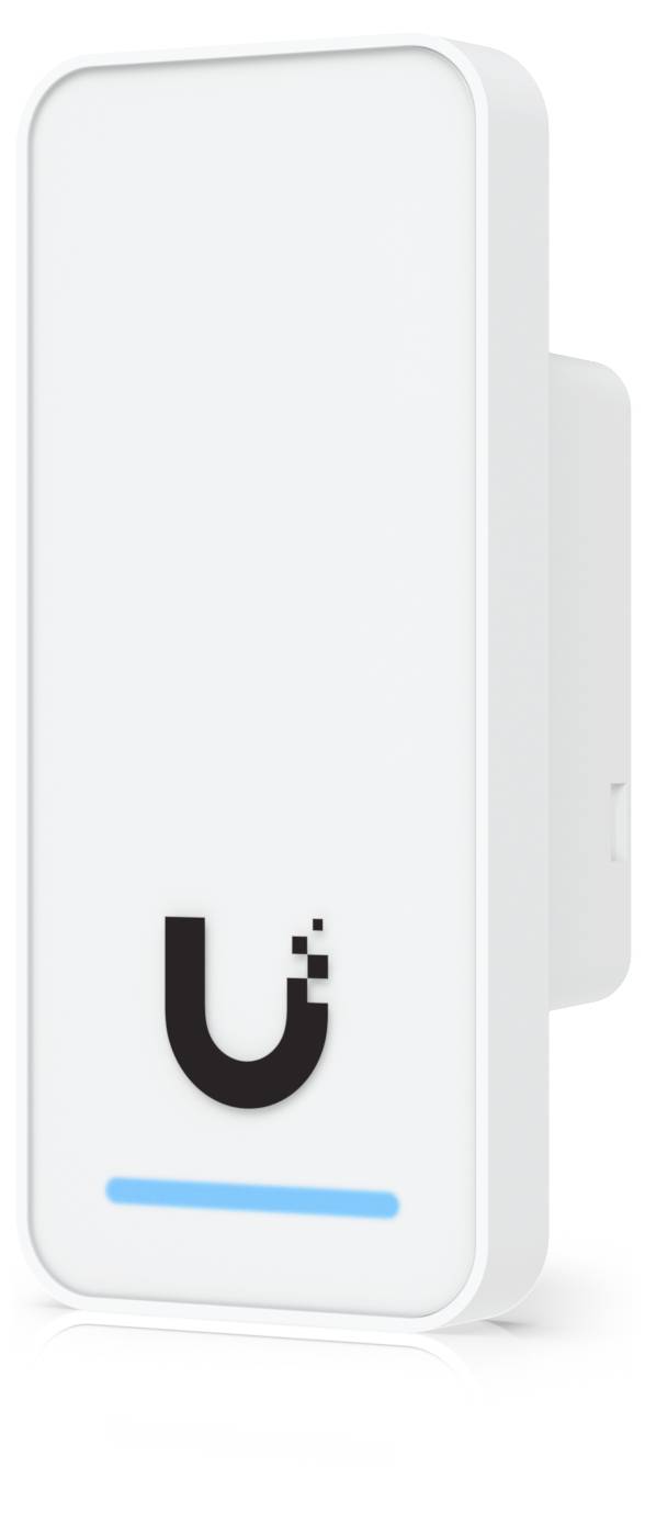 Vit väggmonterad enhet i Ubiquiti-stil med en svart "U"-logo och en blå statuslampa längst ned.