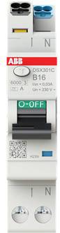 ABB DSX301C B16 miniatyrbrytare med grön O-AV-switch, märkt 6000 A och 230 V, visar N och QR-kodetiketter.
