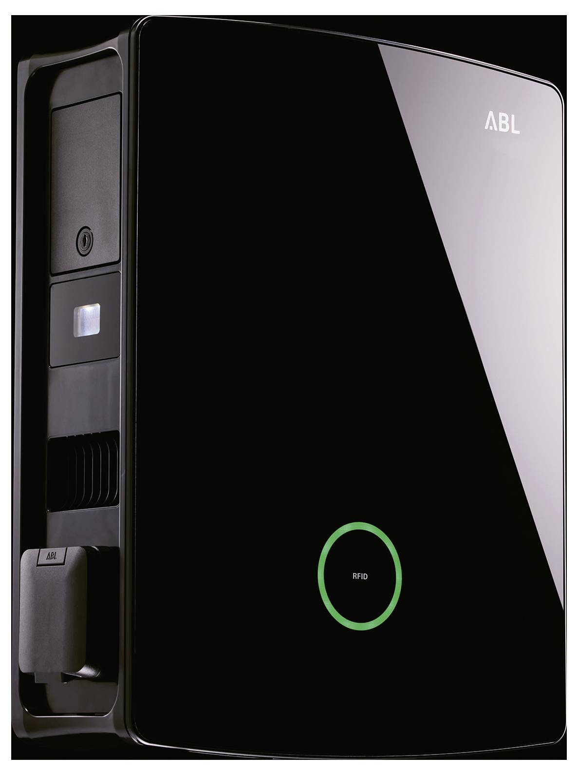 Svart ABL väggmonterad EV-laddningsenhet med grönlyst RFID-läsare och kabelkontakt på vänster sida.