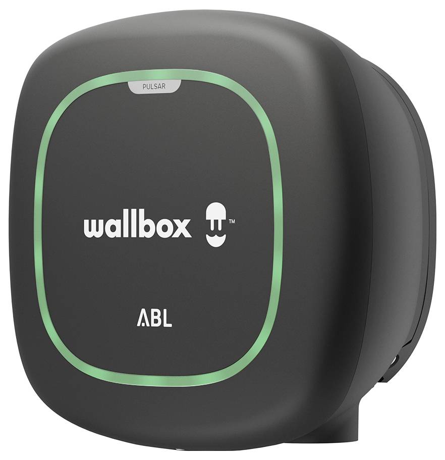 Wallbox Pulsar elektrisk fordonsväggladdar med grönt upplyst gräns och ABL-märkning på en svart enhet.