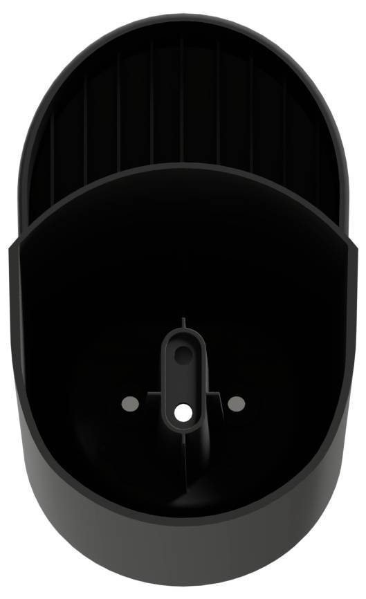 Svart väggmonterad sensor eller kamera med ett cirkulärt ansikte och central lins på en mörk oval bas