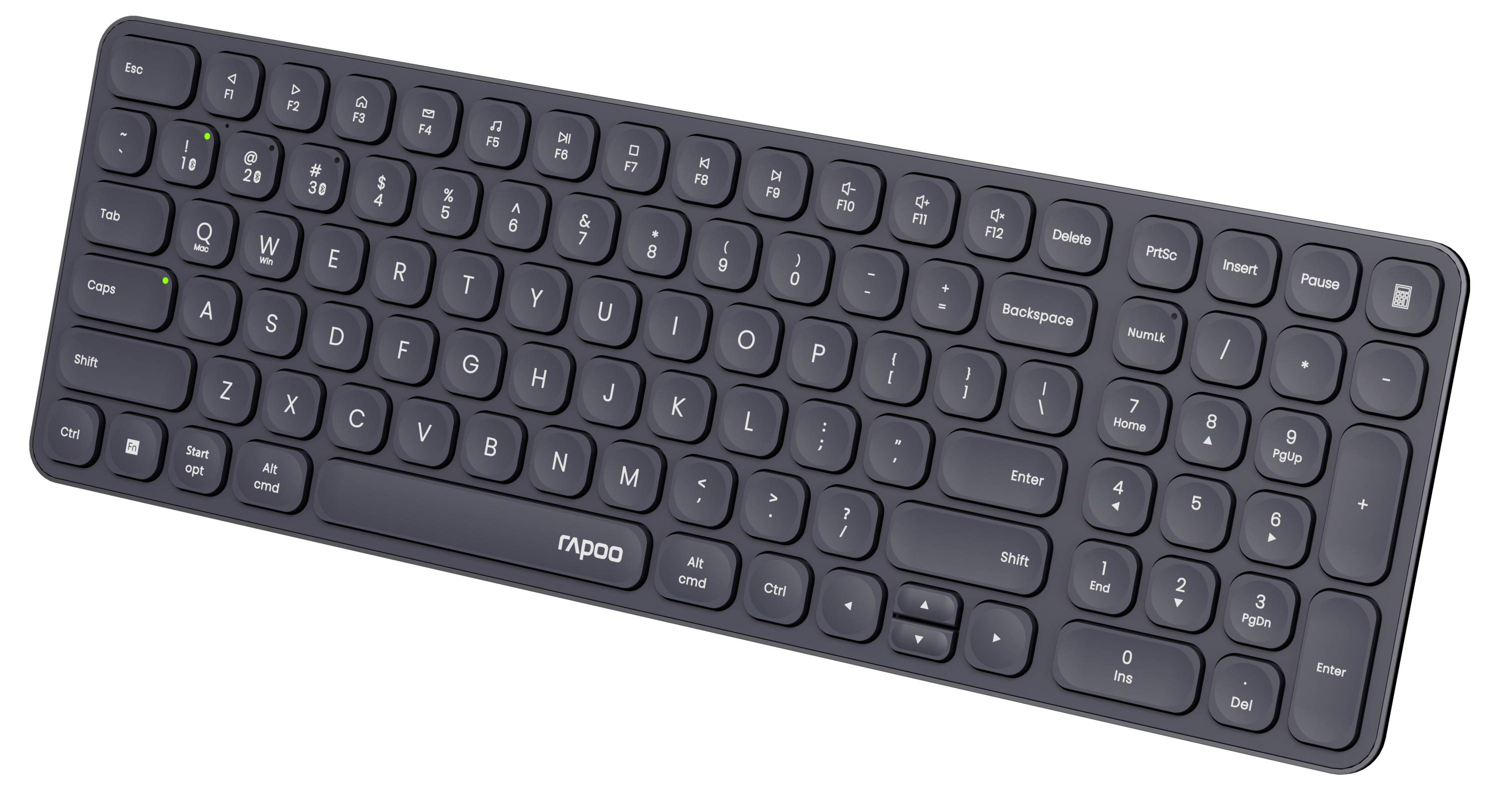 Svart trådlös fullstorlek-tangentbord visad i en vinkel, med numerisk knapprad och låga tangenter.
