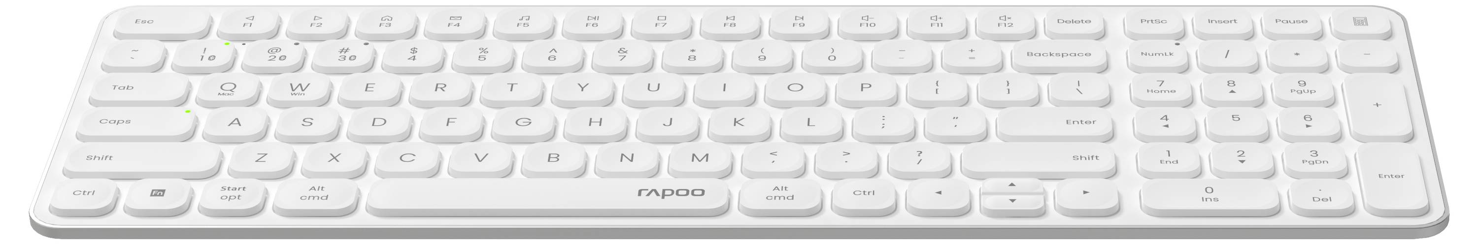 Vit trådlös tangentbord med låga tangenter och numerisk knappsats visad på en enkel bakgrund.