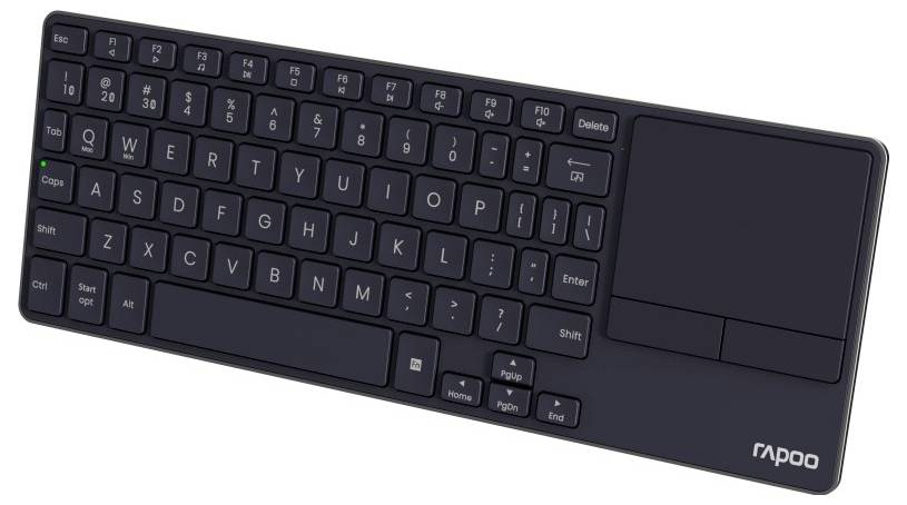 Svart Rapoo trådlös tangentbord med integrerad touchpad på höger sida och kompakt numrerad rad och navigationsknappar.