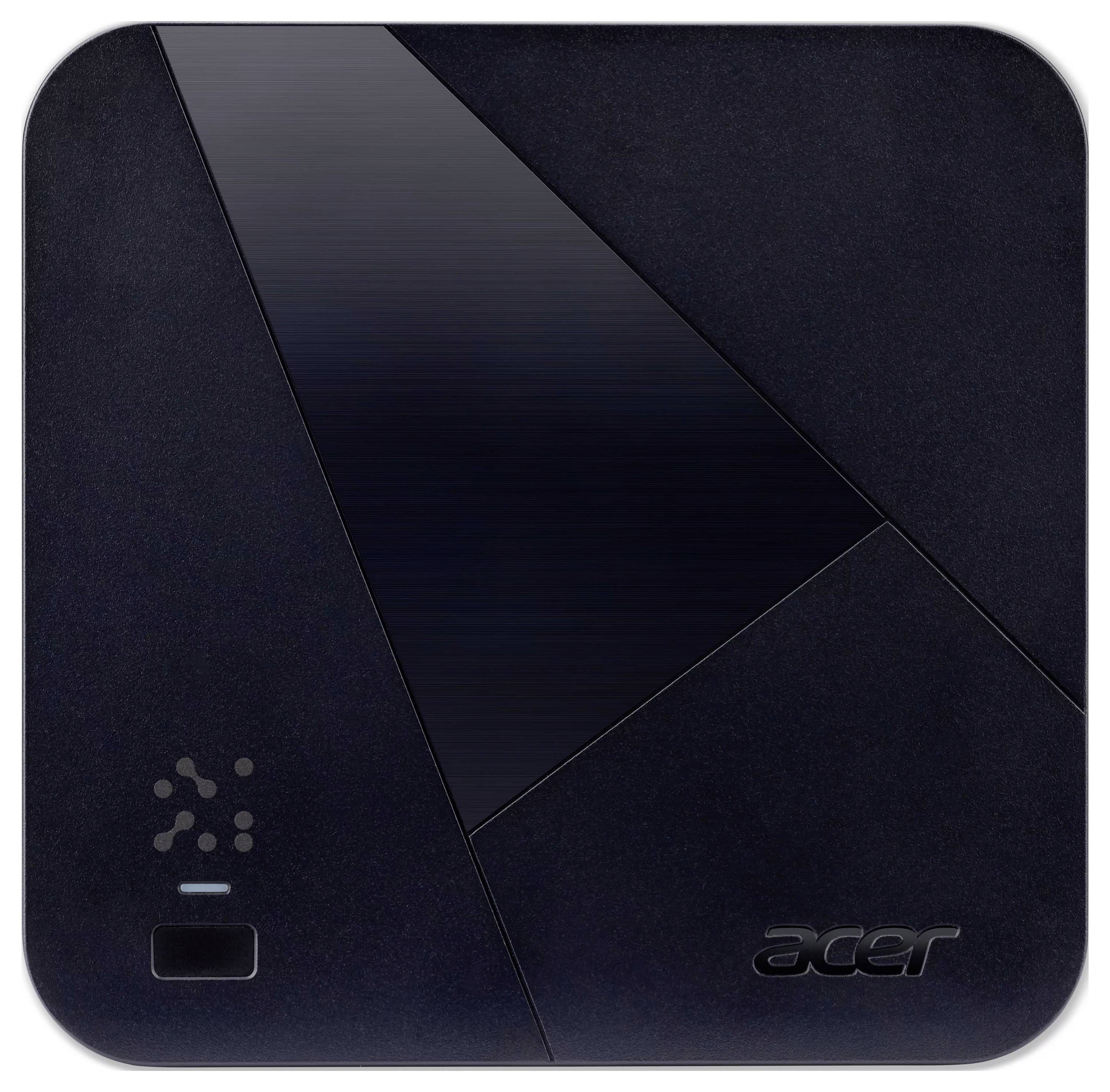 Svart Acer-enhet toppvy med lutad paneldesign, små statuslampor i nedre vänster hörn och Acer-logotyp i nedre höger hörn.