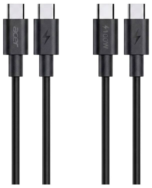 Fyra svarta USB-C-laddkablar visade sida vid sida, med en kontakt märkt "acer" och en annan märkt "100W".