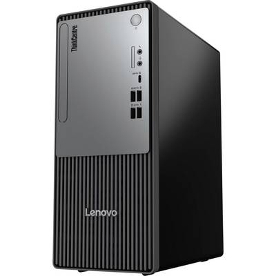 Lenovo ThinkCentre stationär datortorn med strömknapp på framsidan, audiokontakter, USB-portar och enhetsfack.