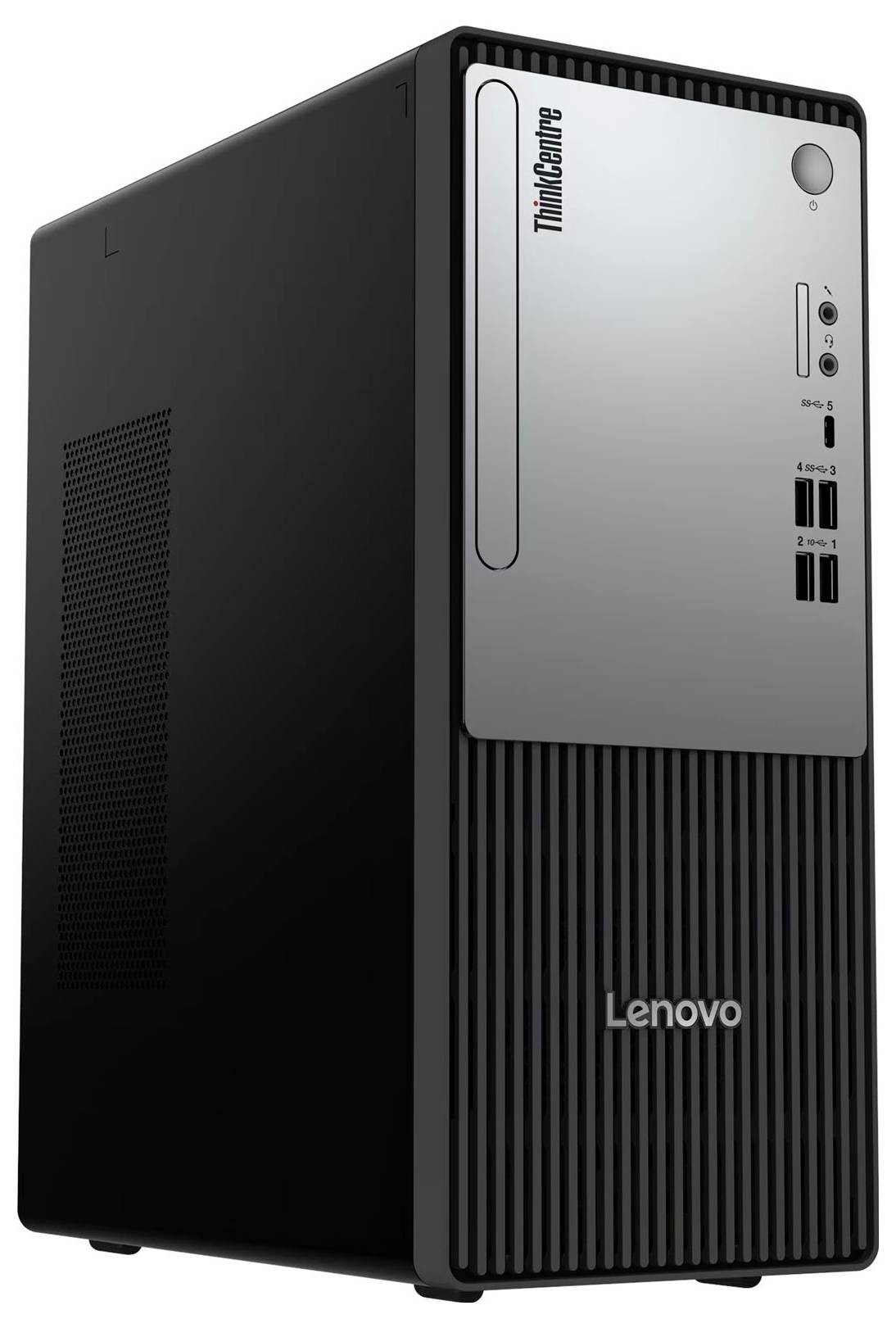 Lenovo ThinkCentre stationär datorhölje i torn-design med svart chassi och silverfärgad frontpanel.