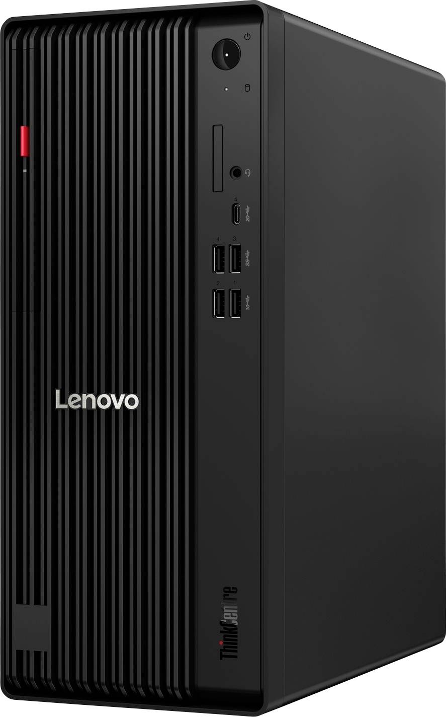 Svart Lenovo ThinkCentre stationär skrivbordstorn visad från fram-vänster, med ribbad frontpanel, strömknapp, USB-portar och ThinkCentre-varumärke.
