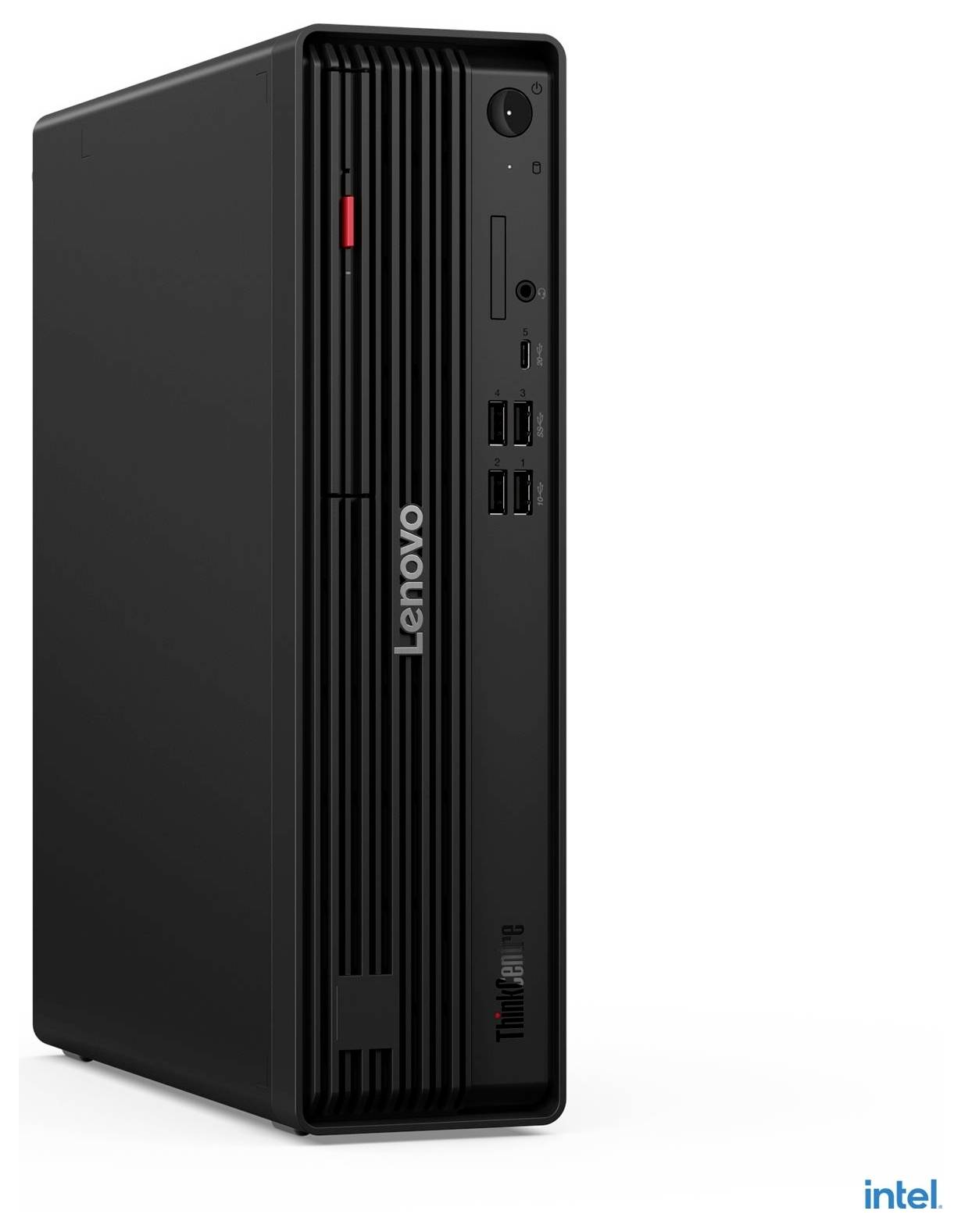 Svart Lenovo ThinkCentre-skrivbordstorn på vit bakgrund, visad framifrån med synliga portar och Intel-varumärke.