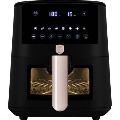 Svart digital luftfriteuse med rosguld-handtag och lysande pekstyrning som visar 180°C och 15 min.