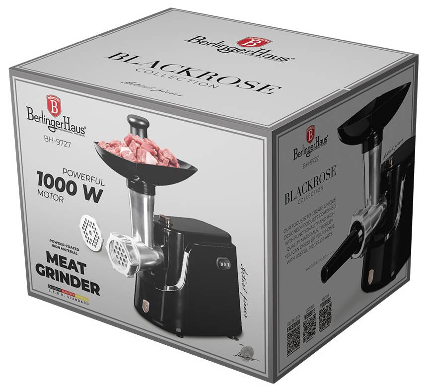 Förpackad Berlinger Haus Blackrose köttkvarnn, märkt med 1000 W kraftmotor, med produktbild på förpackningen.