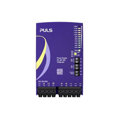 Frontvy av en PULS DC 48V 20A strömförsörjningsmodul med status-LED:er, utgångsterminaler och en QR-kod.