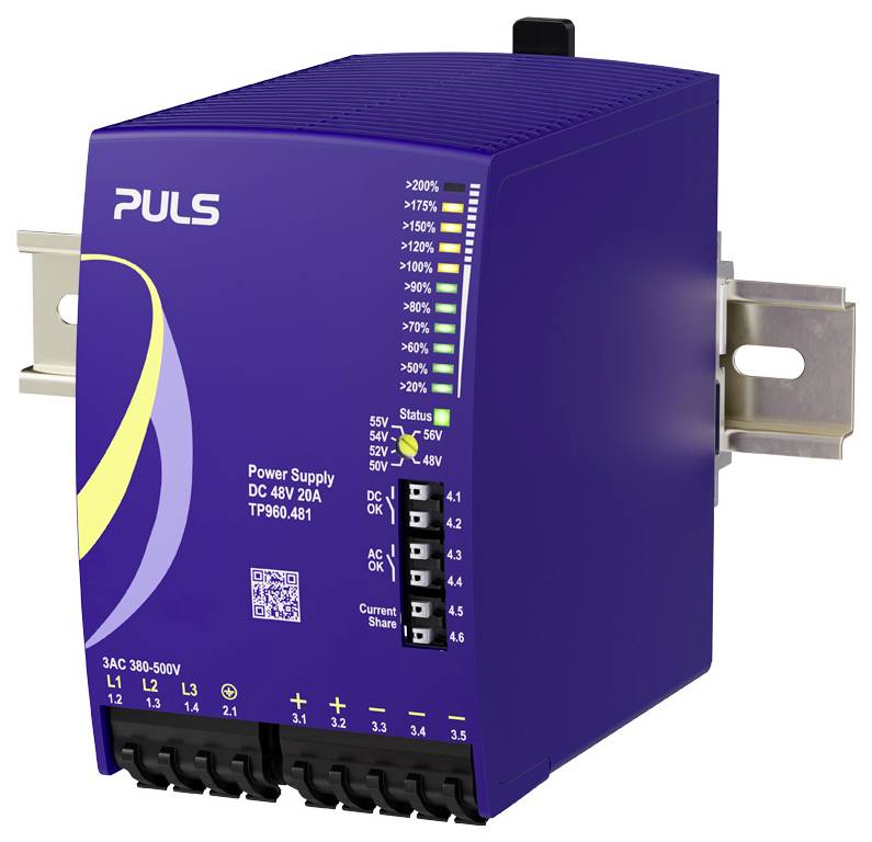 Purple PULS industrial strömförsörjningsmodul märkt "Power Supply DC 48V 20A TP960.481" med status-LED:er och terminalanslutningar.