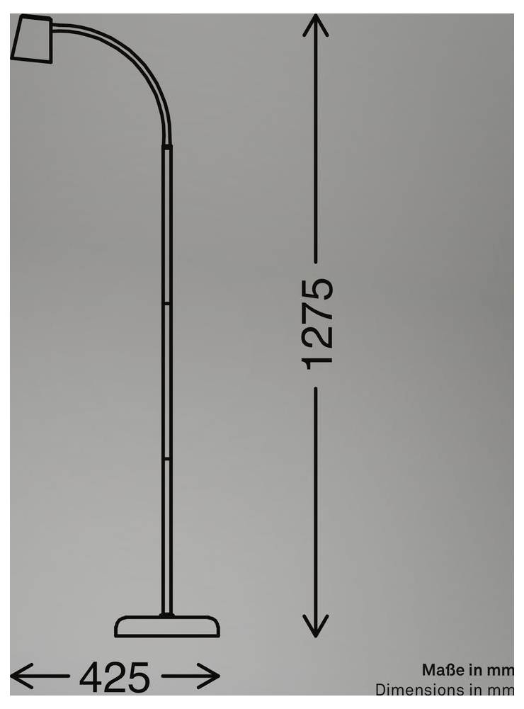 Teknisk ritning av en golvlampa som visar mått i millimeter: 1275 mm hög och 425 mm bred, med en krökt topp och rektangulär bas.