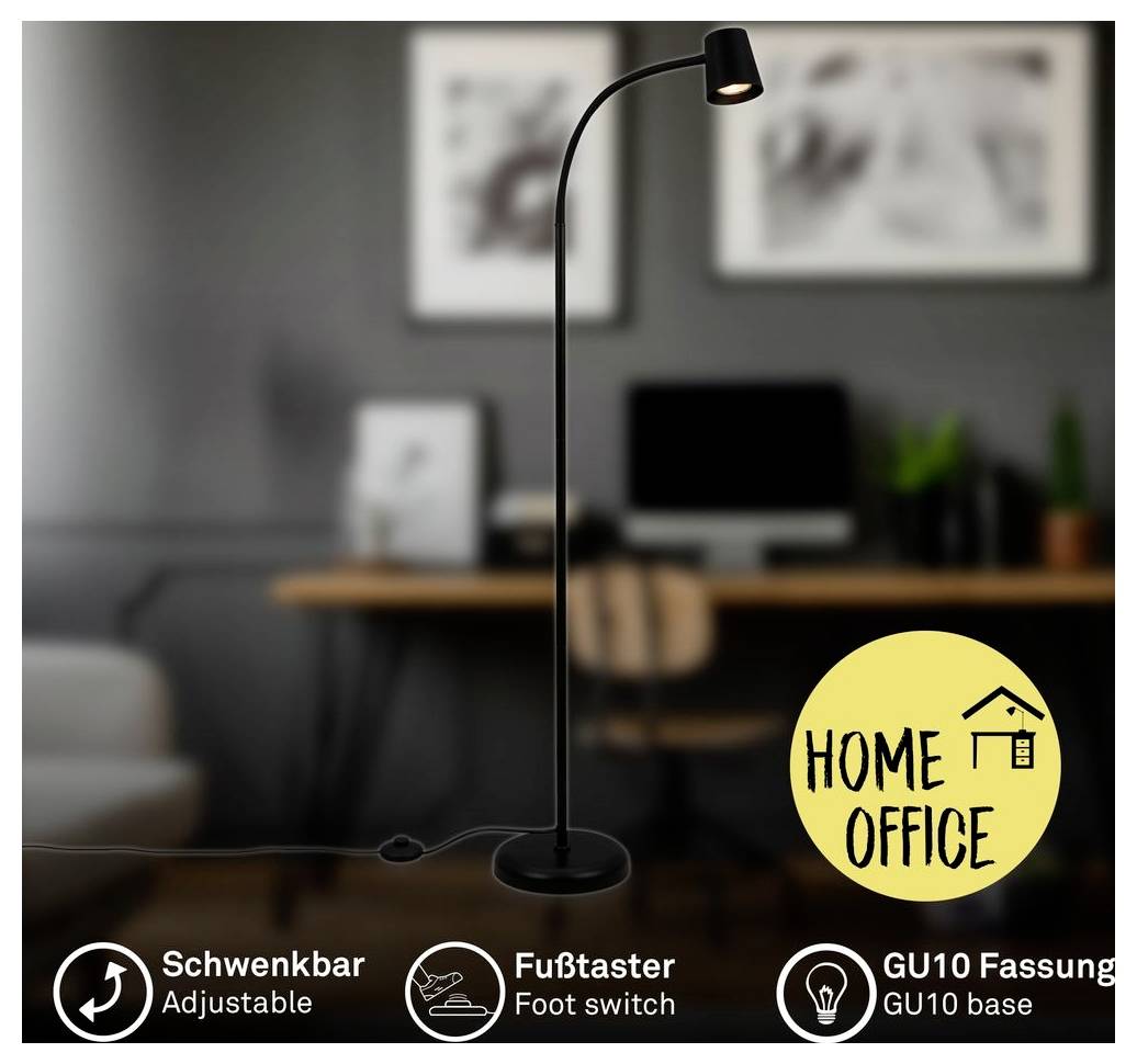Svart justerbar golvlampa med fotomkopplare och GU10-sockel, visad i en hemmakontor-miljö; "HEMMAKONTOR"-märke och funktionsikoner längst ned.