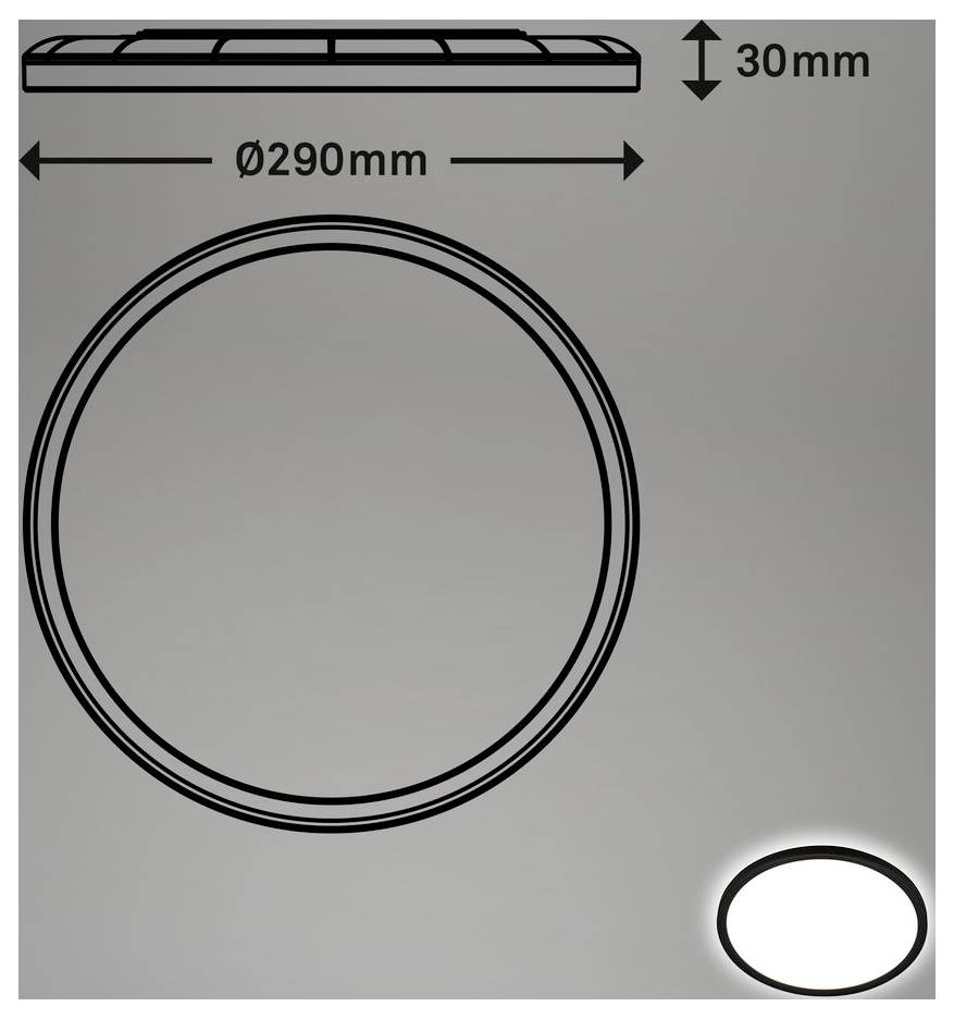 Produktdimensionsdiagram som visar en rund panel, 290 mm i diameter och 30 mm tjock, med övre och frontvy på en grå bakgrund.