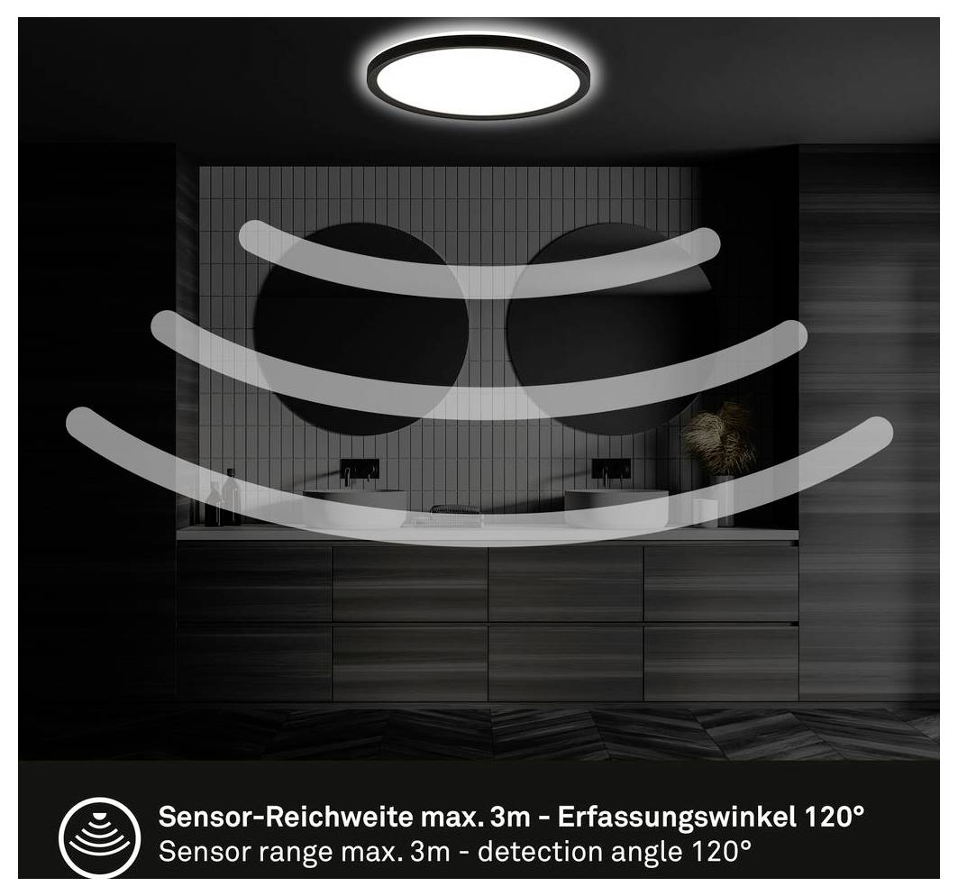 Badrumsbänk illustration visar en sensorslampa täckning, med text: 'Sensorns räckvidd max. 3m - detektionsvinkel 120°'.