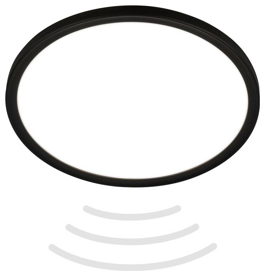 Svart oval ring ovanför tre grå krökta rörelselinjer på vit bakgrund, vilket föreslår vibration eller betoning.
