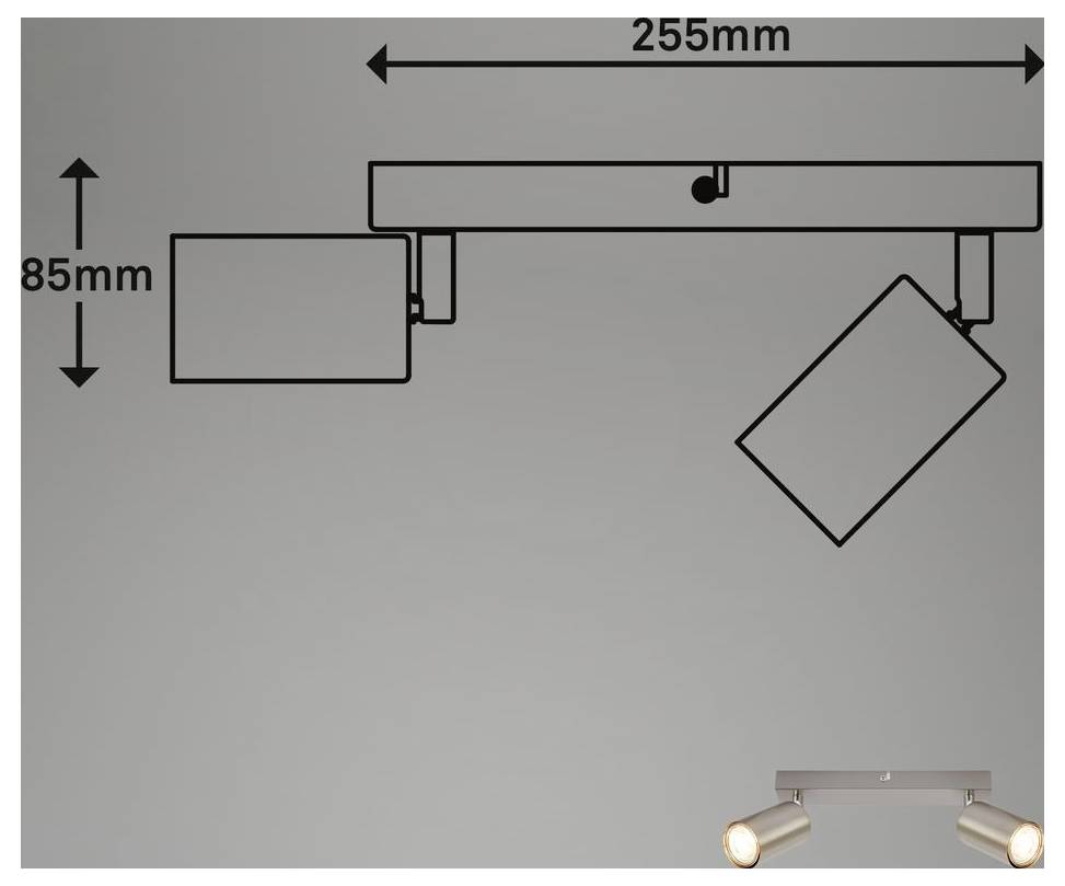 Diagram av en dubbel spotlightarmatur: 255 mm bred och 85 mm hög, med två justerbara lamphuv och en tak-/monteringsbalk.