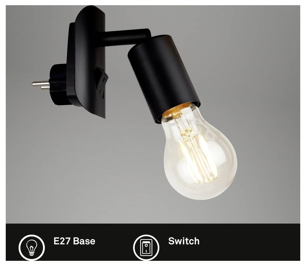 Svart justerbar väggarmatur med exponerad glödlampa, märkt E27-sockel och strömbrytare.