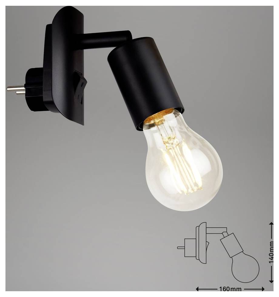 Svart väggmonterad spotlights med justerbar arm och lysande glödlampa, visad med en liten dimensionskiss märkt 160 mm bred och 140 mm hög.