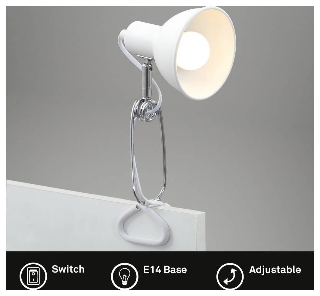Clip-på vit skrivbordslampa med E14-sockel och justerbar huvud fäst på en panel; etiketter nederst visar "Strömbrytare", "E14-sockel", "Justerbar".