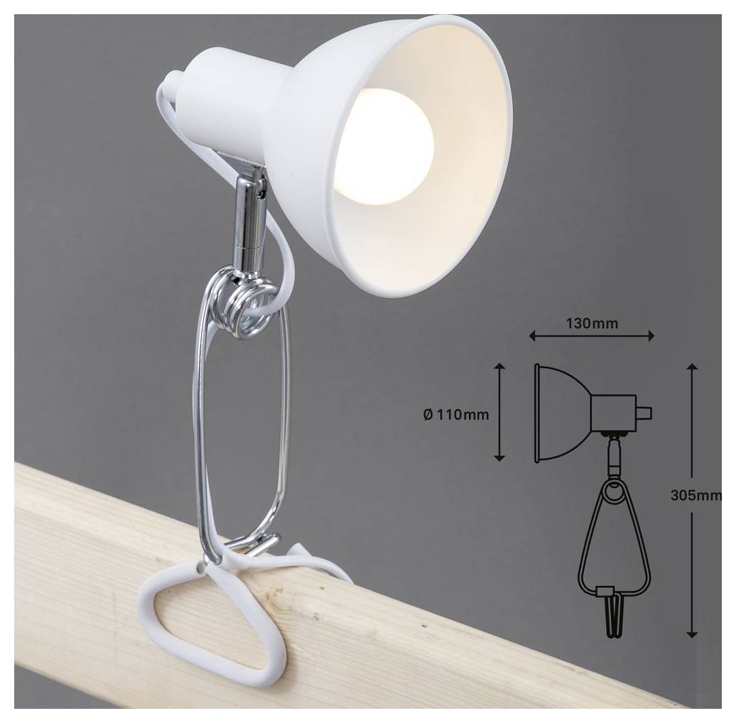 Skruvklämmans vit skrivbordslampa fastklämd på en träkant, med en sidodiagram som visar dimensioner: 130 mm bred, 110 mm diameter, 305 mm högt.