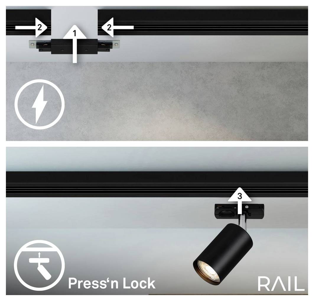 Spårljusanslutningsinstallation som visar en strömkontakt som snäpper in i ett skena och en spotlampa som är fäst med systemet "Press'n Lock".