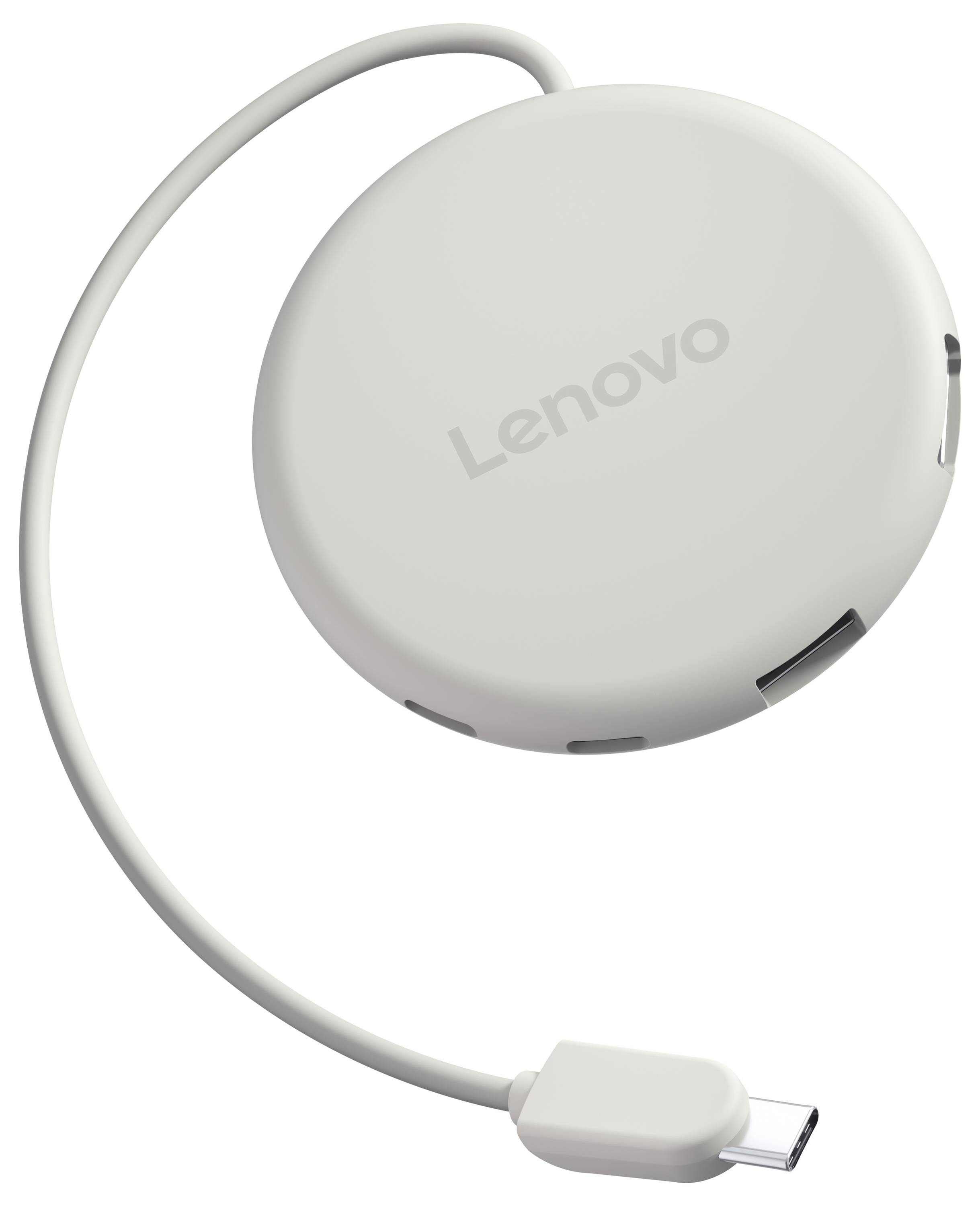 Vit Lenovo-märkt cirkulär USB-C-enhet med bifogad kabel och kontakt