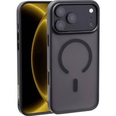 Två smartphones visade från fram- och baksida, med ett svart skal som innehåller en stor cirkulär MagSafe-liknande logotyp och trippla bakkameror.