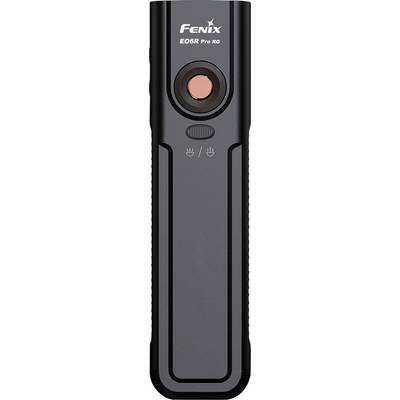 Frontvy av en Fenix E06R Pro RG-ficklampa som visar en rund knapp och en smal grå-svart kropp.