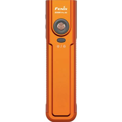 Orange Fenix E06R Pro RG ficklampa, frontvy, visar märkesnamnet, central strömknapp och räfflade växel nära botten.