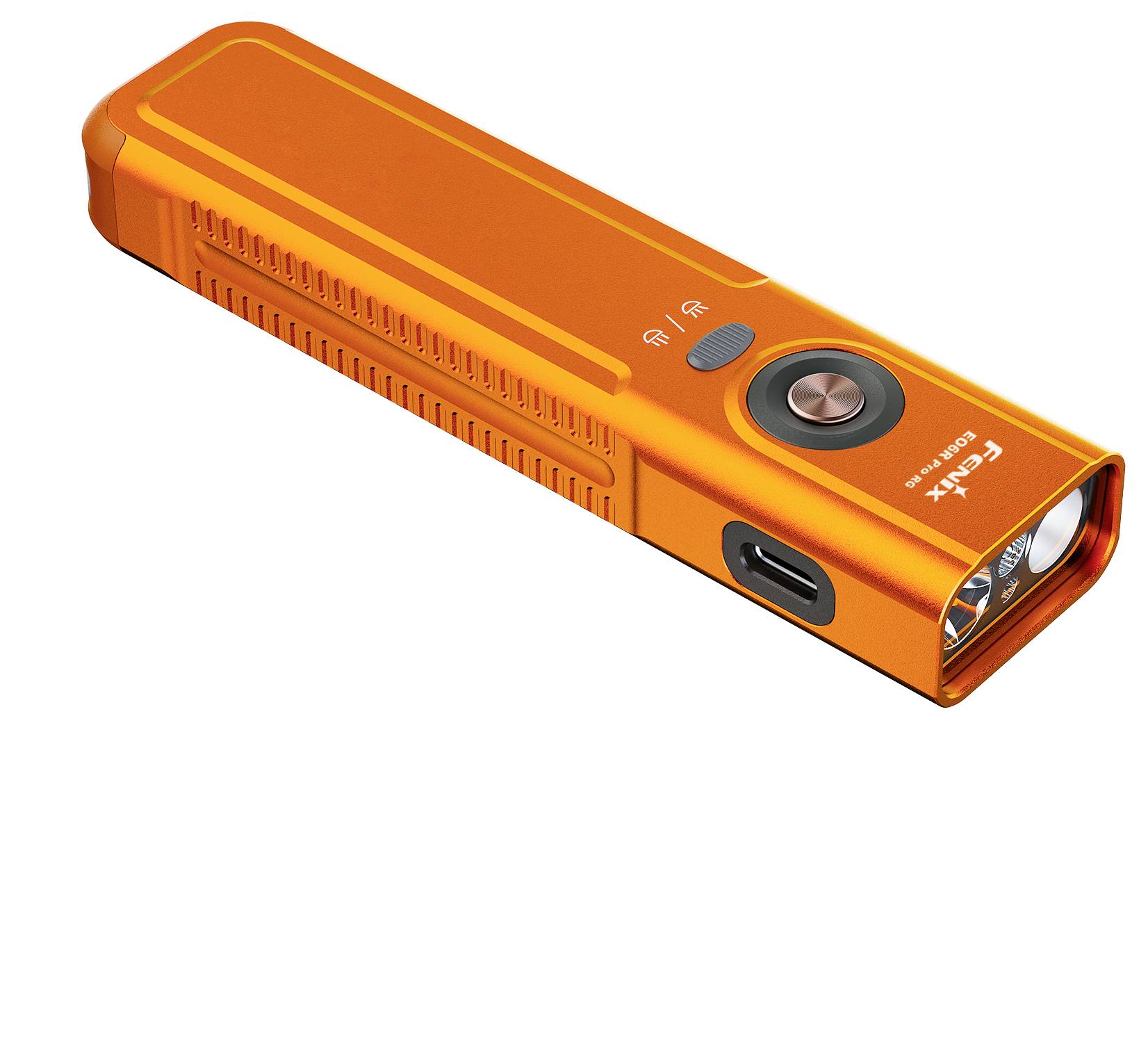 Orange bärbar uppladdningsbar LED-ficklampa med sidokraftknapp och USB-C-laddningsport, visad på vit bakgrund.