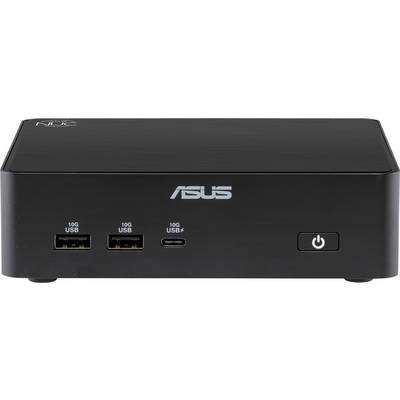 Frontvy av en svart ASUS mini-dator med tre USB-portar på framsidan märkta 10G USB och en strömknapp på höger sida.