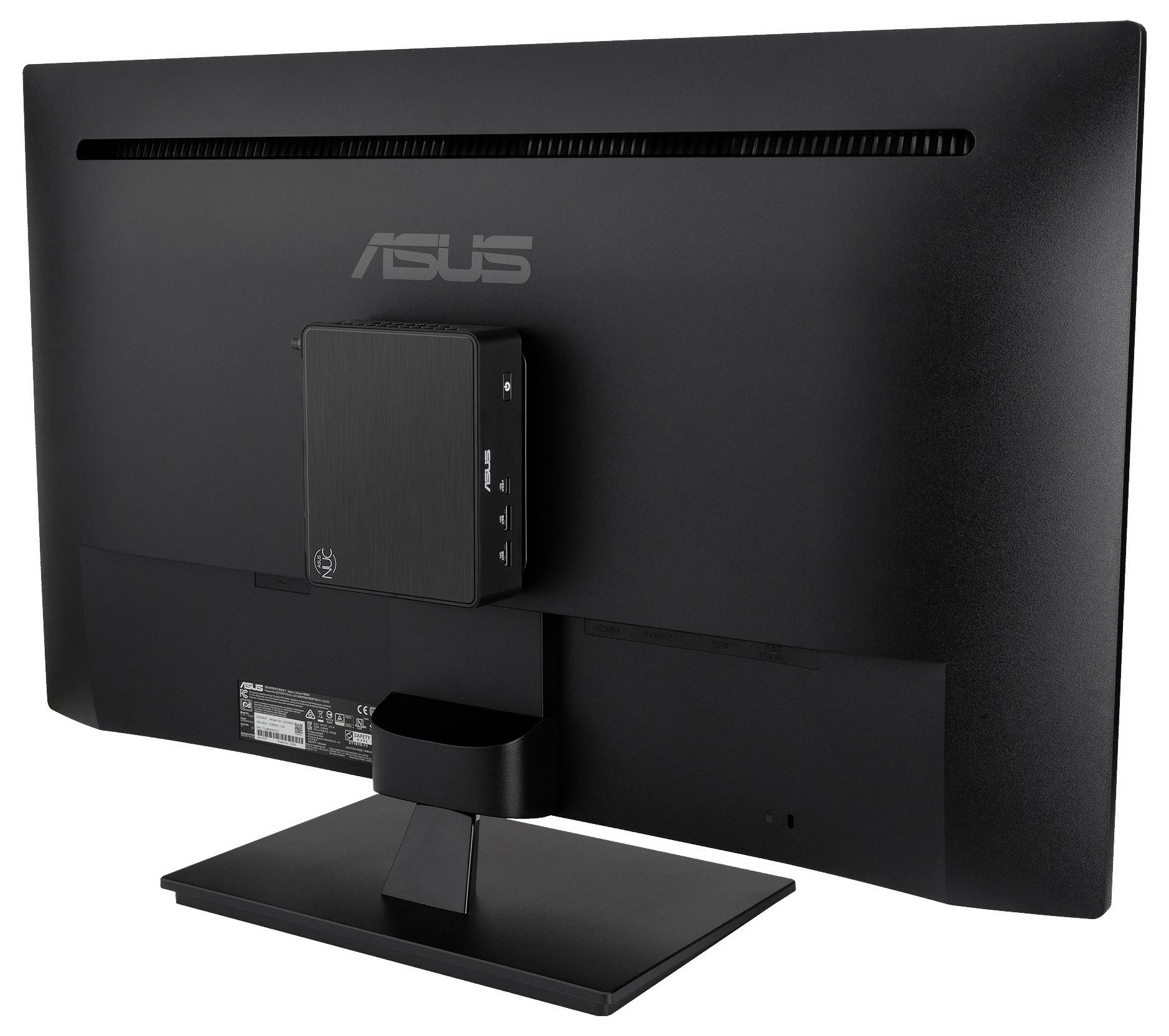 Baksidan av en ASUS-skärm med en liten rektangulär enhet monterad på baksidan i mitten, vilket visar stativet och portarna.