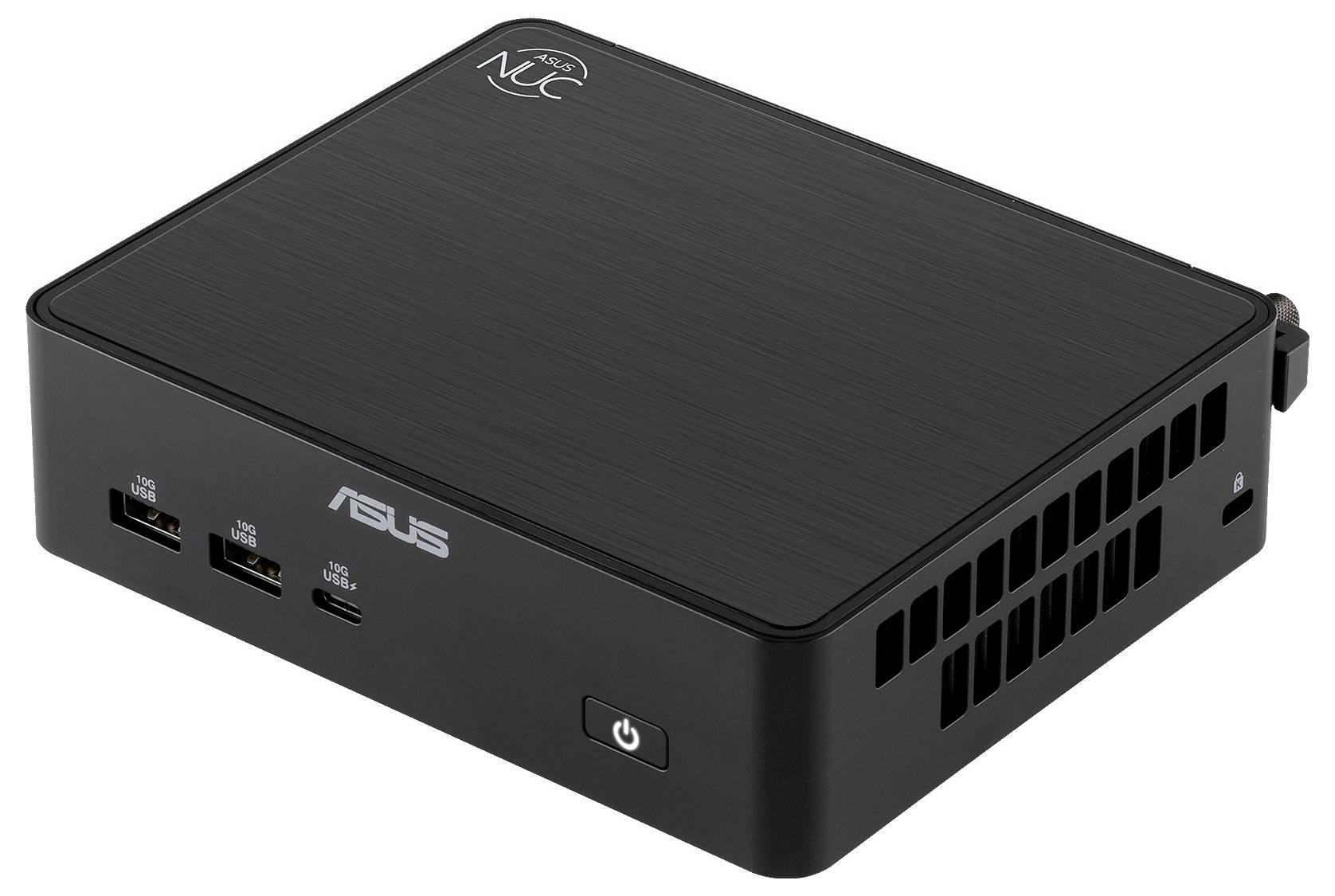 Kompakt svart ASUS mini-dator med flera USB-portar på framsidan, strömknapp och ventilationsöppningar på sidan.