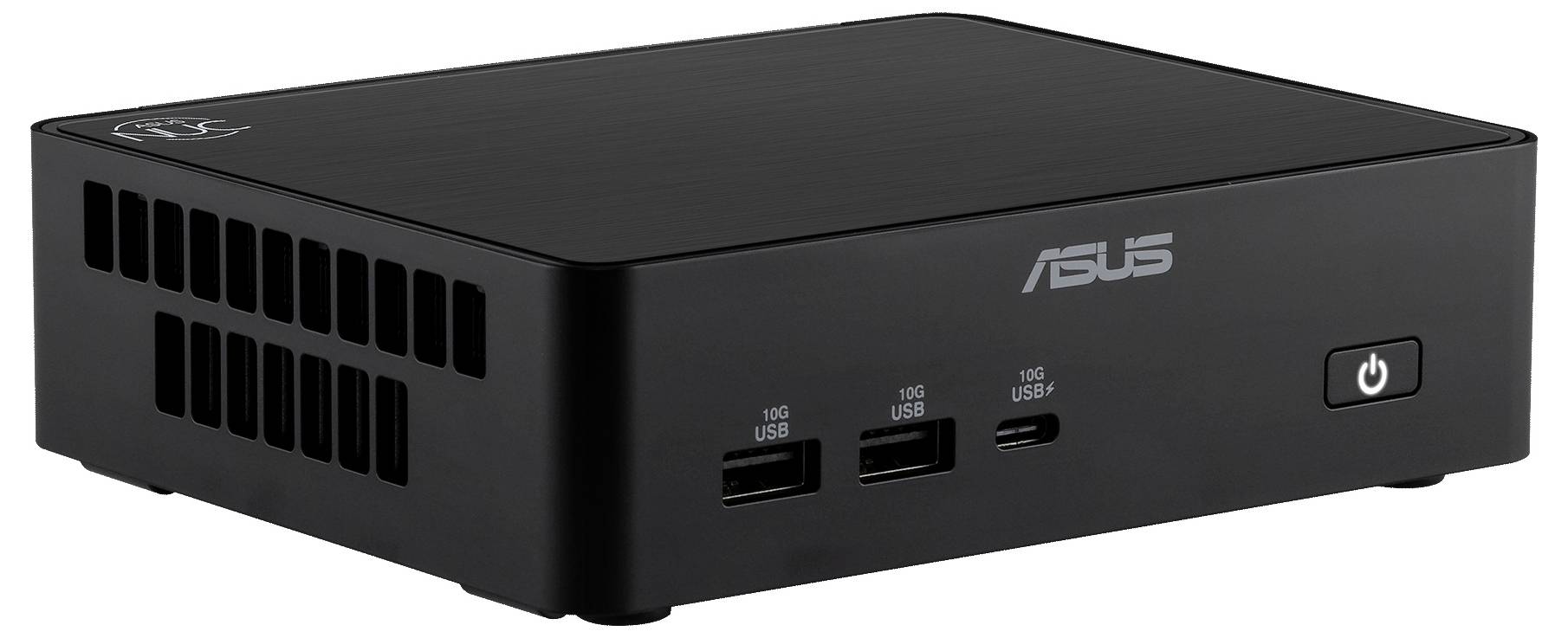 Svart ASUS mini-dator med USB-portar på framsidan och strömknapp visad från trekvartsvy mot vit bakgrund
