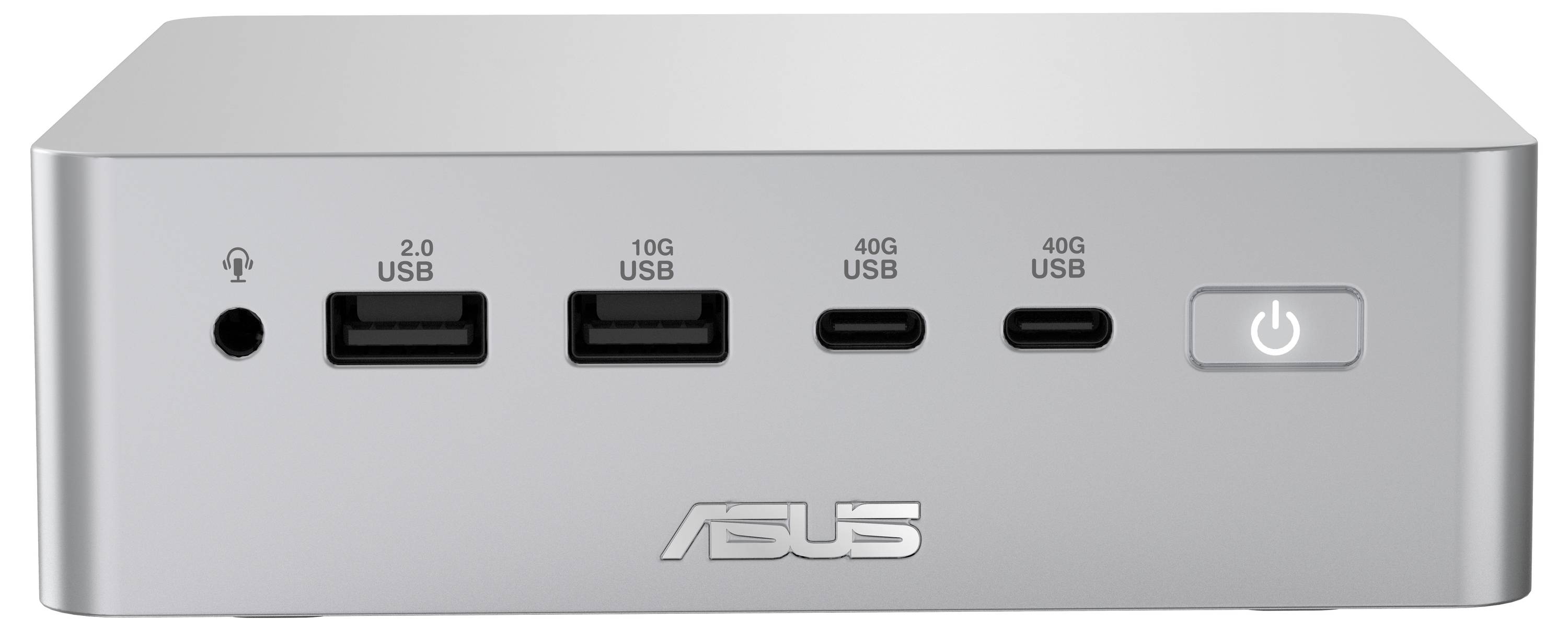 Frontvy av en ASUS silverfärgad dockningsstation med audiokontakt, 2.0 USB, 10G USB, två 40G USB-portar och en strömknapp.