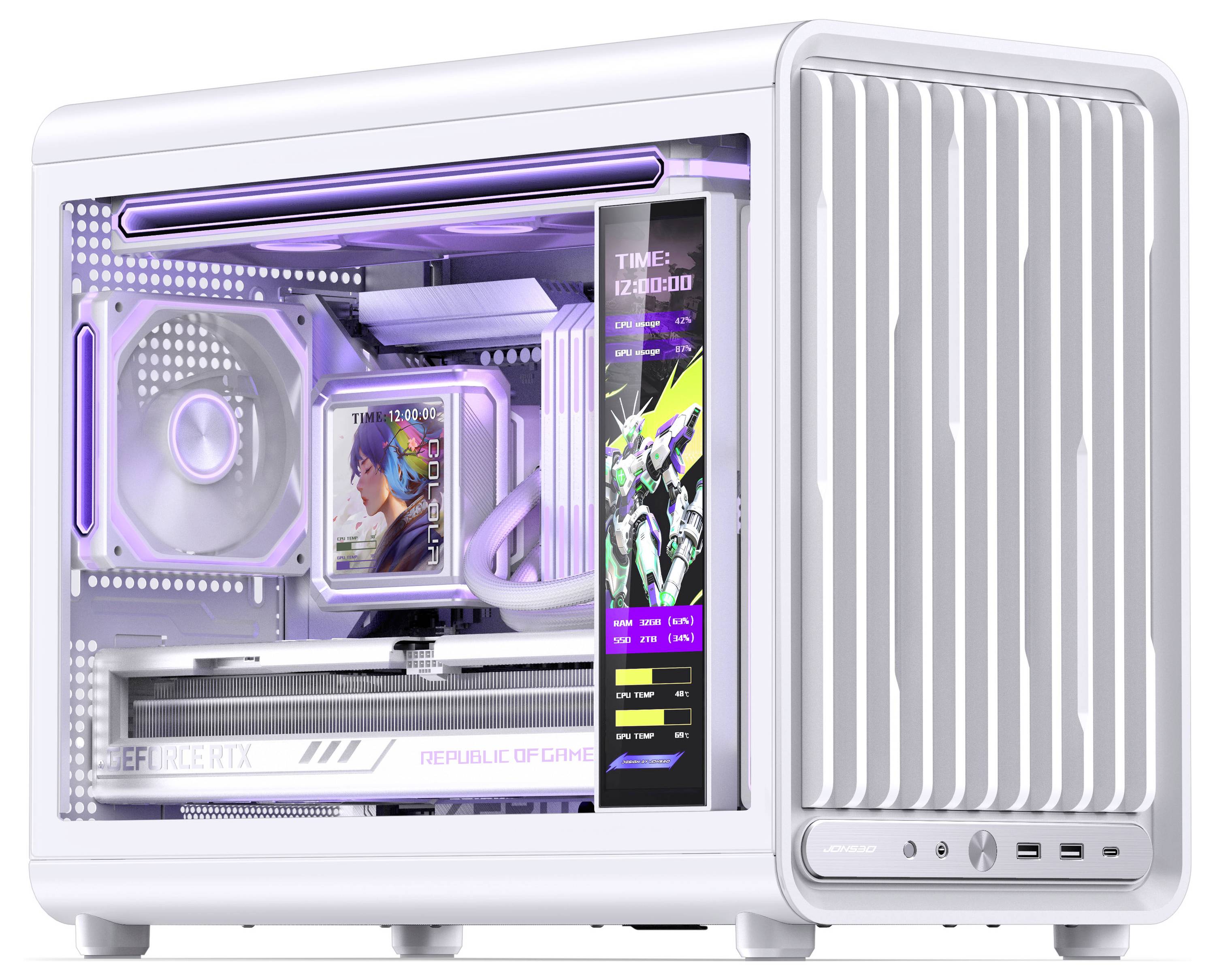 Vitt gamingdatorhölje med transparent sidopanel och lila LED-belysning, som visar interna komponenter och frontskärmar.