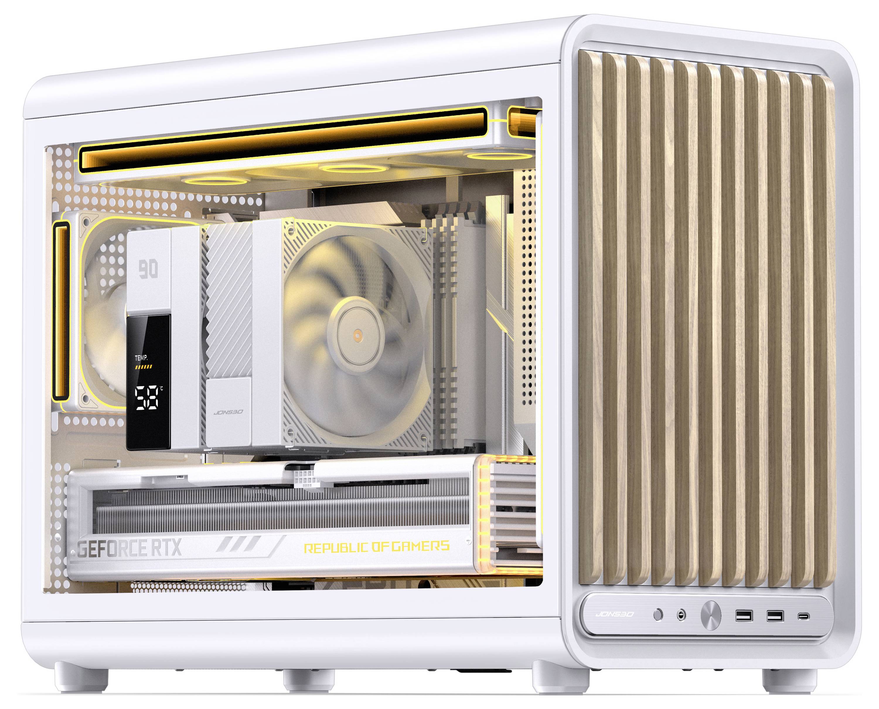 En vit gaming-stationär datorväska med transparent sidopanel som visar upplysta interna komponenter, inklusive en stor CPU-kylare och GeForce RTX-grafikkort.