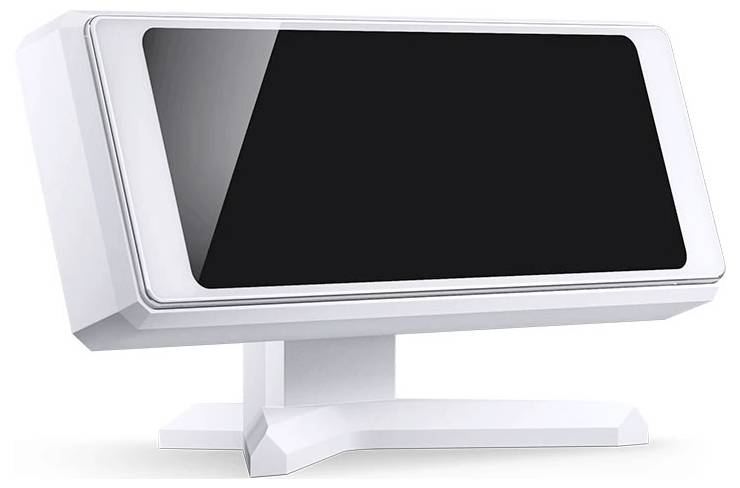 Vit skrivbordsmonitor eller display med en blank svart skärm på ett stativ, visad på en enkel bakgrund.